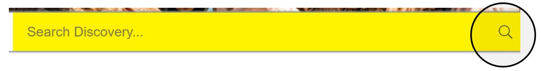 Yellow Discovery Search Bar on the Library Website with the magnifying glass higlighted showing what needs clicking