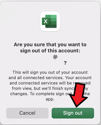 Screenshot of Excel for Mac sign out confrmation popup.