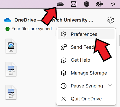 Screenshot of OneDrive drop-down.