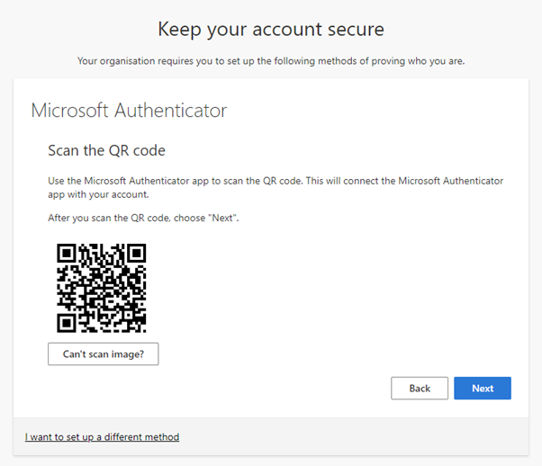 Screenshot of the QR code page for MFA.