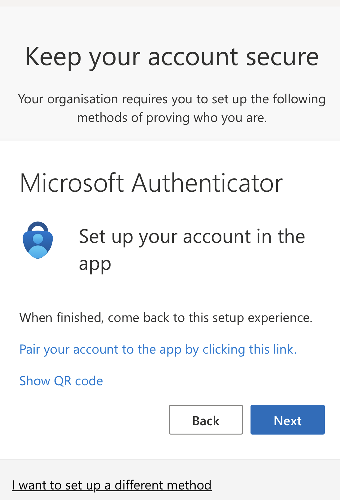 Screenshot of the Set up your account secure page.