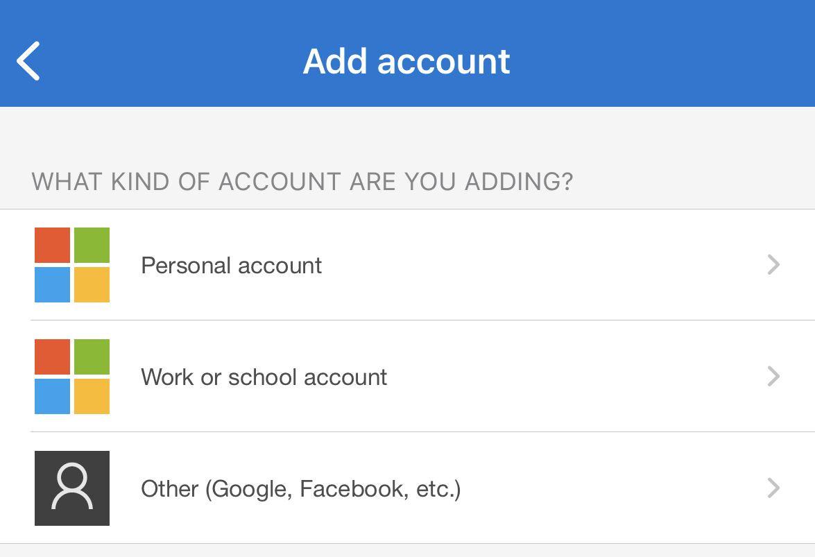 Account selection screen in Microsoft Authenticator app.