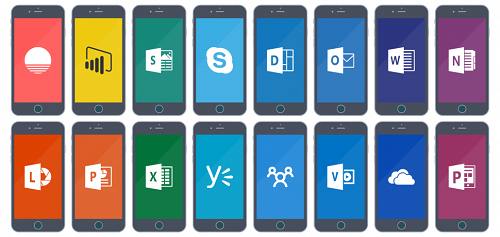 Cool graphic showing mobile phones with Microsoft apps loaded.