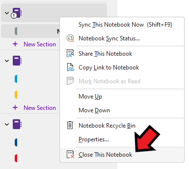 Screenshot of close notebook menu in OneNote.