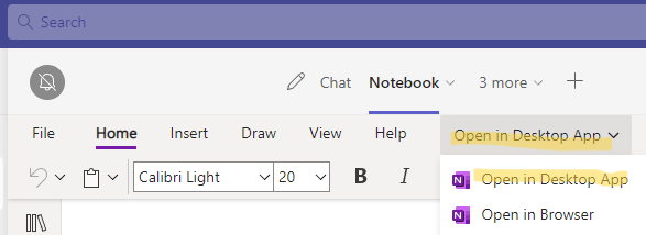 Screenshot of open notebook menu in Teams.