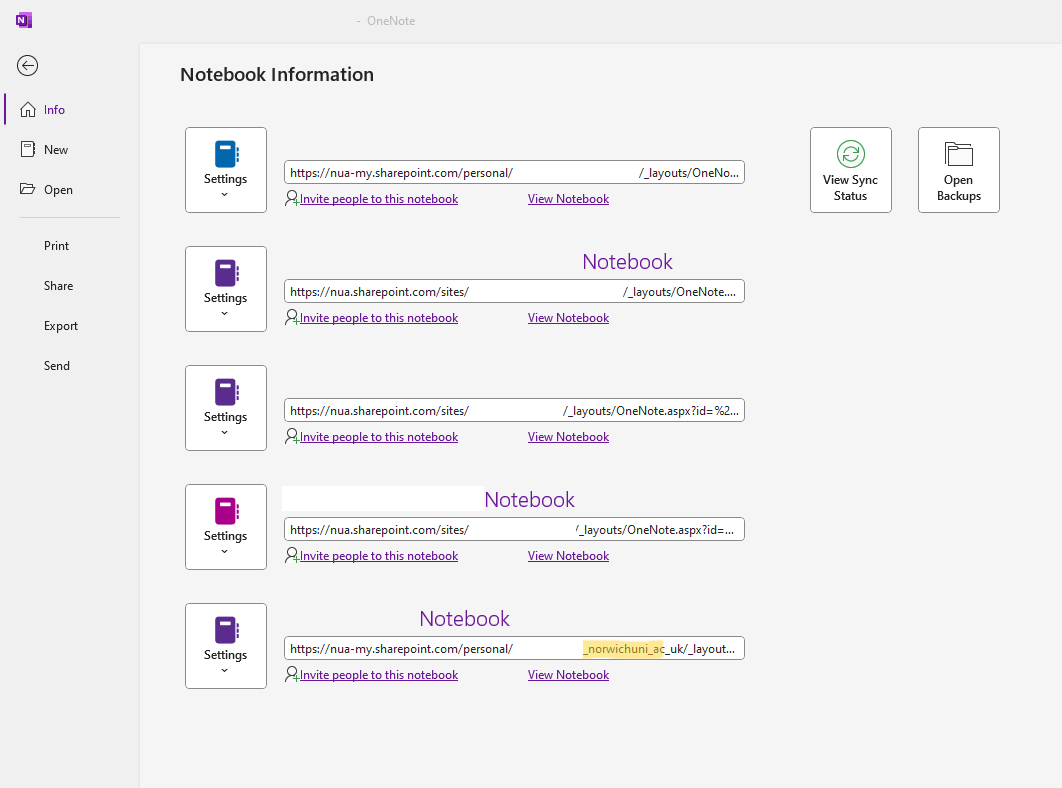 Screenshot of Files menu in OneNote.