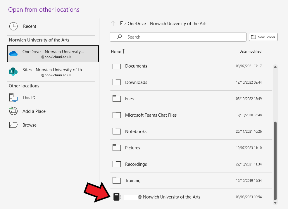 Screenshot of open notebook menu in OneDrive.