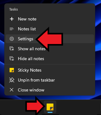 Screenshot of the Sticky Notes menu.