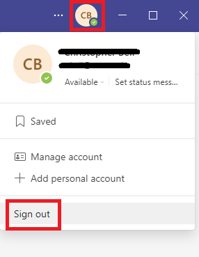 Screenshot of Teams sign-out option.