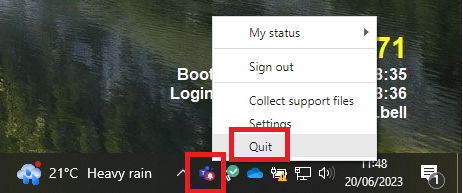 Screenshot of Teams quit button.